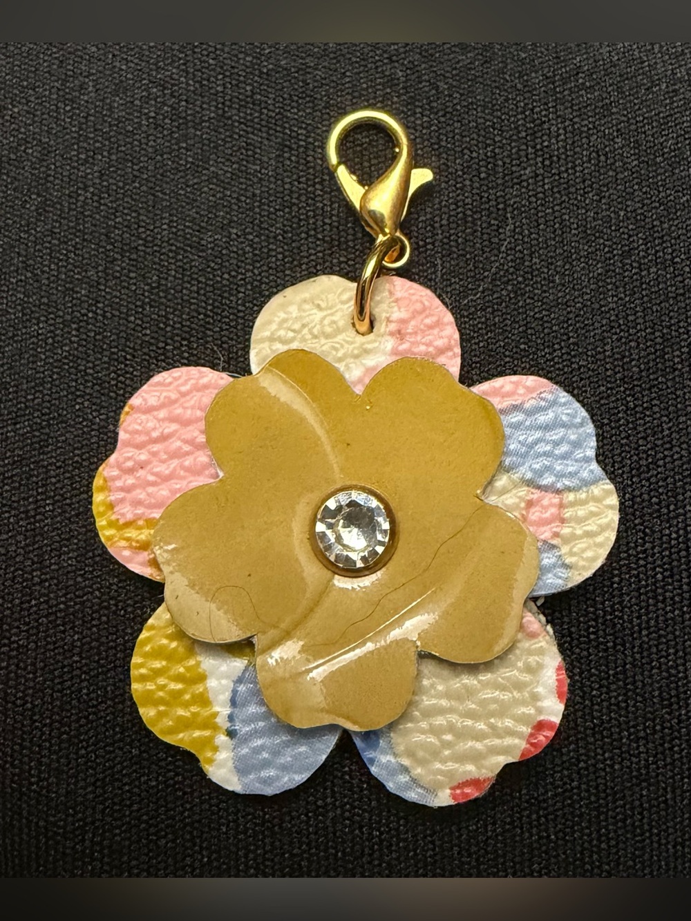 Upcycled COACH Mini Floral Faux Leather Charm Keychain with Crystal Accent